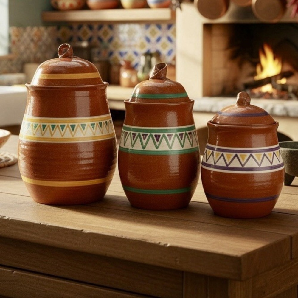 Clay Studio Pottery Canister Set Of 3 Hand Painted Signed Southwest Mexican